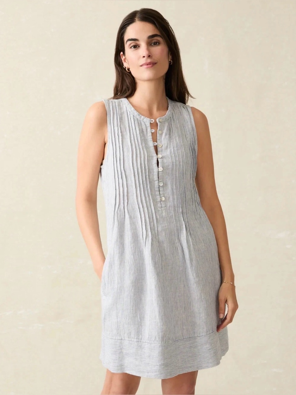 Faherty Sleeveless Light Gray Striped Linen Swim Cover-Up Dress M
